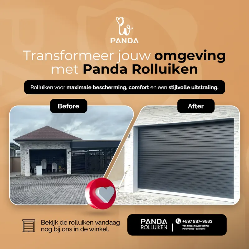 Post voor Panda Rolluiken met een voor en na: een open garage die een grijze roldeur kreeg