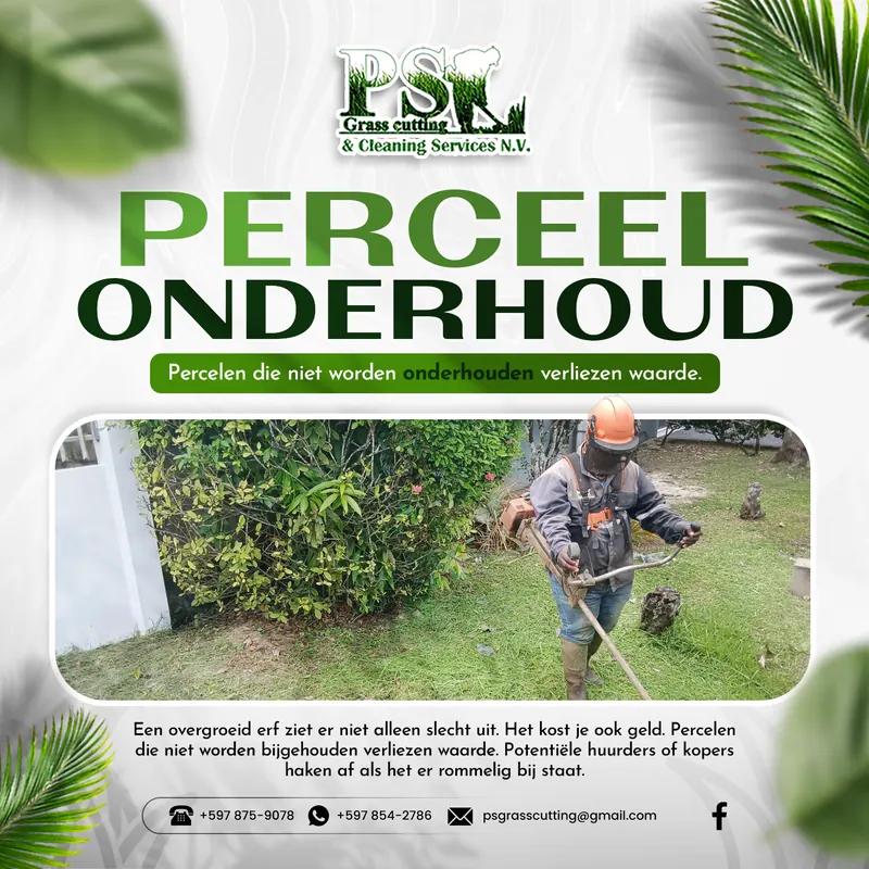 Post voor PS Grasscutting & Cleaning over perceelonderhoud, met een medewerker die een tuin maait met een bosmaaier