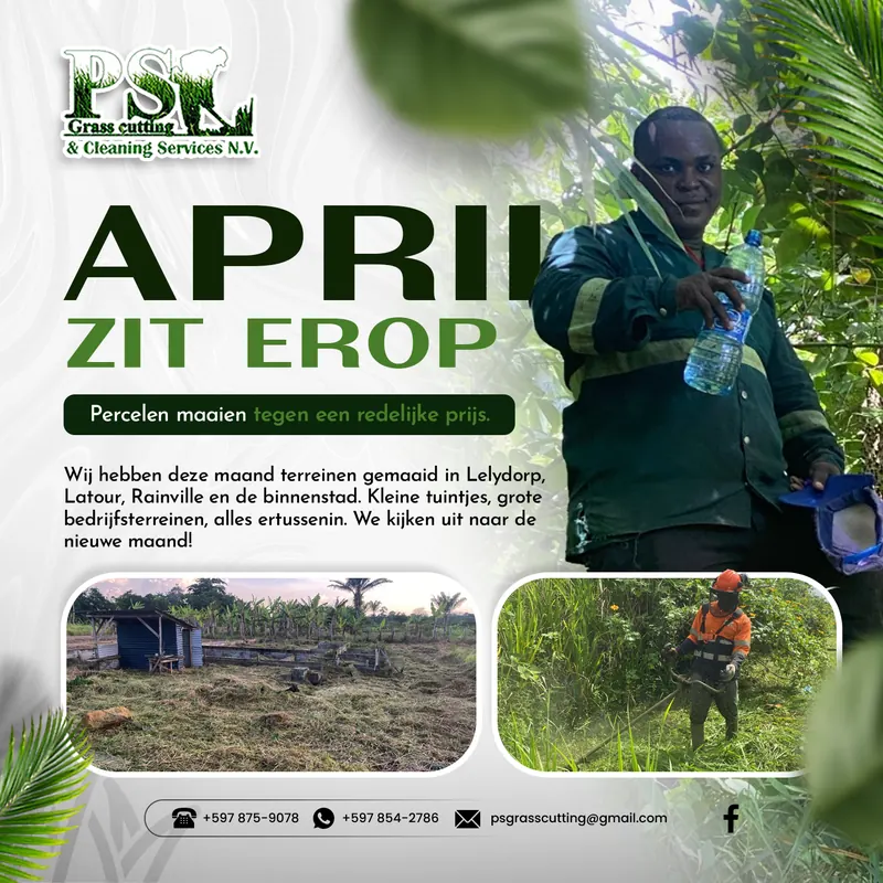 Post voor PS Grasscutting & Cleaning met een terugblik op april: gemaaide terreinen en een medewerker in werkkleding